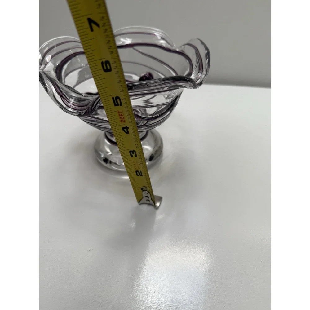 Vintage Art Glass Pedestal Bowl Purple Swirls Marked 